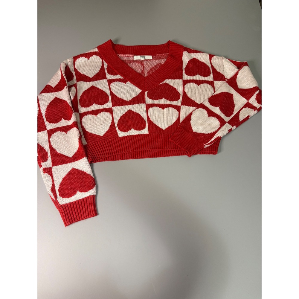 Madden NYC Womens Red White Checkerboard Heart Cropped V-Neck Sweater M NS155N